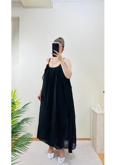 Elora Atelier Büzgülü Askılı Siyah Maxi Boy Elbise Çok Renkli