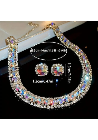 Kristal Kolye & S925 Gümüş Çivili Küpe Çok Renkli