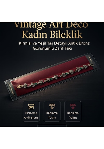 Vintage Art Deco Kadın Bileklik Kırmızı Ve Yeşil Taş Detaylı Antik Bronz Görünümlü Zarif Takı