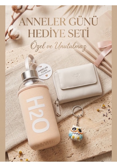 Deerderi Hakiki Deri Cüzdan Anahtarlık Ve Kare Kılıflı Matara Seti Bej