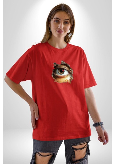 Duvardan Biri Bizi Gözetliyor Pamuklu Bisiklet Yaka Unisex Oversize Boyfriend Dijital Baskılı Kırmızı T-shirt Kırmızı