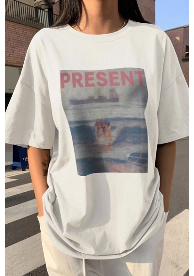 Uyguntarz Unisex Present Baskılı Oversize Tshirt Beyaz