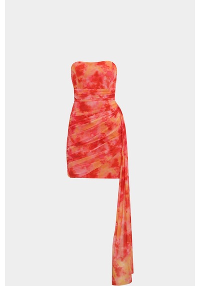 Açelyaokcu Straplez Batik Desen Korsajlı Mini Kadın Elbise Multi Color