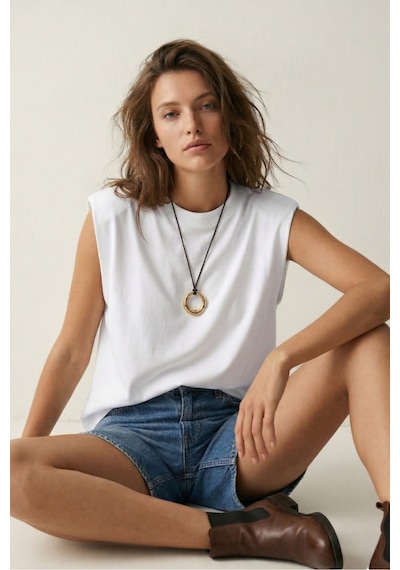 Elemge %100 Pamuk Süprem Tok Kumaş Kadın Oversize Beyaz T-shirt Geniş Omuzlu Dökümlü Kolsuz Bol Kalıp