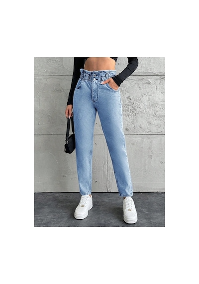 Kene Jeans Yüksek Bel Taş Yıkama Çift Düğme Kemer Büzgülü Mom Jeans Taş Yıkama