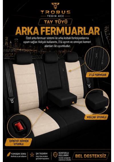Renault Clio 5 2020 Ve Sonrası Uyumlu Nergis Serisi Bej Siyah Oto Koltuk Kılıfı