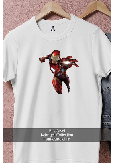 Oversize İronman Sinematik Tasarımlı Unisex T-shirt Beyaz