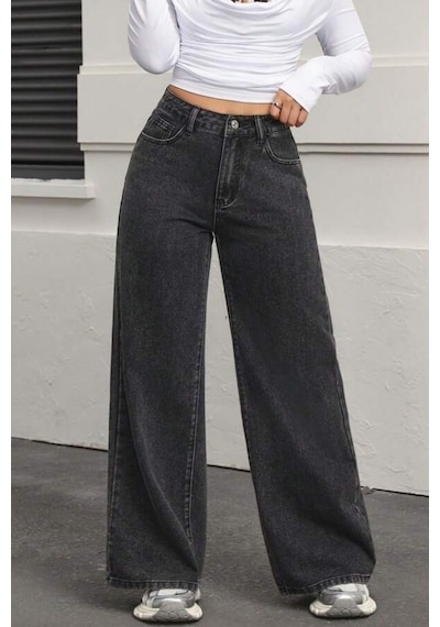 Koyu Füme Palazzo Pantolon Wide Leg Yüksek Bel Denim Jeans Gri