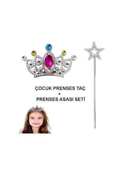 Populermarketim - Çocuklar İçin Taraklı Prenses Tacı Ve Prenses Yıldız Asa Seti Gümüş Standart