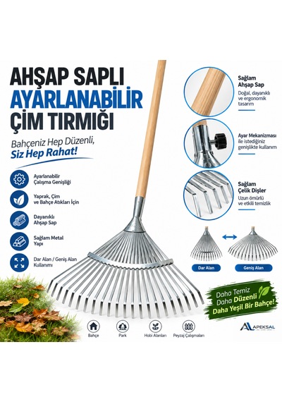 120 Cm Ahşap Saplı Ayarlanabilir Metal Yaprak Çim Tırmığı 22 Diş Bahçe Tırmığı