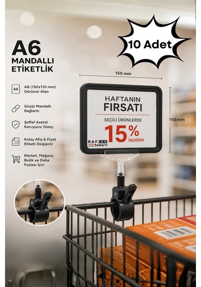 10 Adet - A6 Fiyatlık Mandallı Etiketlik Sepet Raf Askılık Fiyat Etiketi Çerçeveli Market Mağaza Siyah
