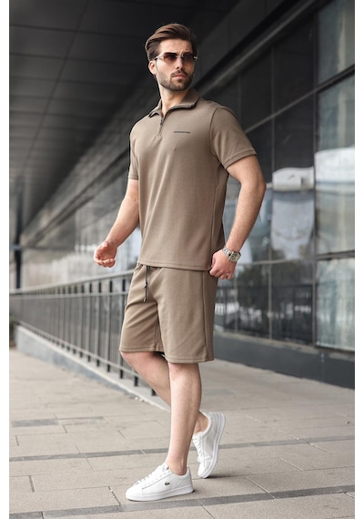 Madmext Haki Yarım Fermuarlı Polo Yaka T-shirt Şort Takım E7348 Haki