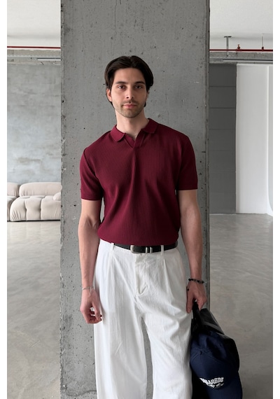 Erkek Petek Desen Polo Yaka Triko T-shirt Bordo