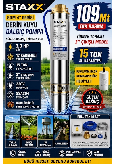 Staxx 4sdm8/17 3hp Derin Kuyu Dalgıç Pompa Seti 109 Metre Dik Basma 15 Ton Su Kapasiteli 2'' 220v