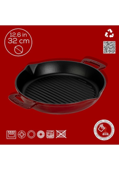 Lava Döküm Yuvarlak Izgara Tavası Döküm Demir Yekpare Çift Kulplu Çap Ø 32cm.-bordo Bordo