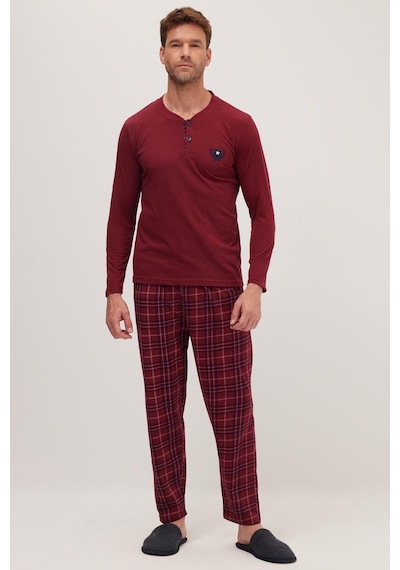 Tudors Erkek Regular Fit Pamuklu Düğmeli Yaka Beli Lastikli Desenli Bordo Pijama Takımı-39790 Bordo