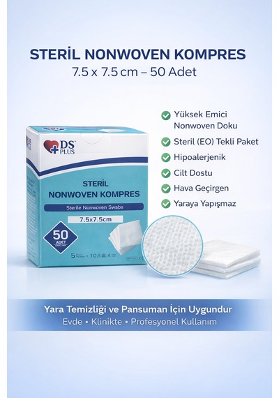 Steril Nonwoven Kompres 7.5x7.5 Cm 150 Adet 3 Lü Paket Hipoalerjenik Yüksek Emici Kumaş