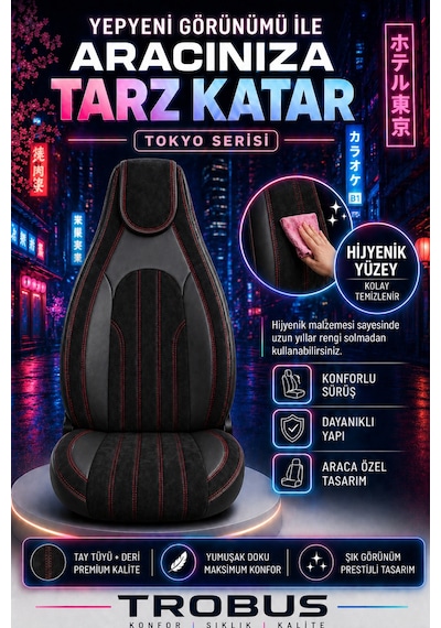 Fiat Albea 2002-2012 Bel Destekli Tay Tüyü Koltuk Kılıfı Tokyo Serisi Siyah Kırmızı