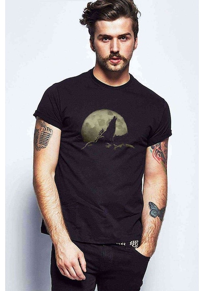 Howling Wolf Moondark Moon Dolunay Kurt Baskılı Siyah Erkek Tshi