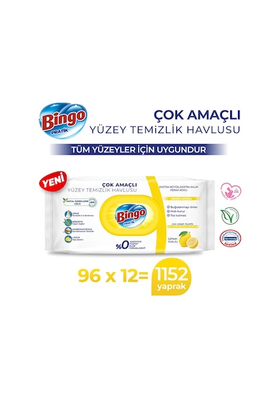 Bingo Limon Kokulu Pratik Yüzey Temizlik Havlusu 12 x 96 Yaprak