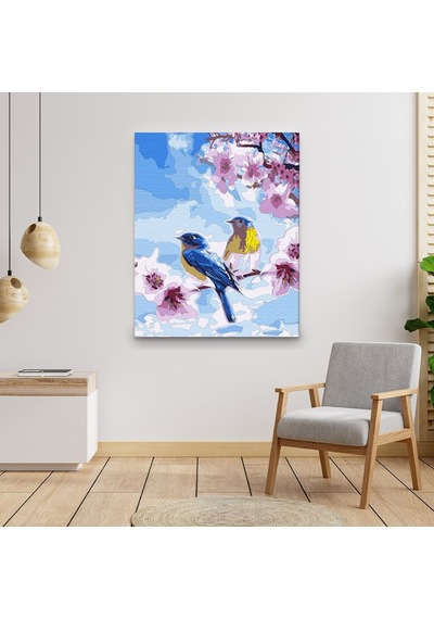 Sayılarla Boyama Seti 40 x 50 CM Tuval Şasesine Gerili Bahar Dalında Kuşlar