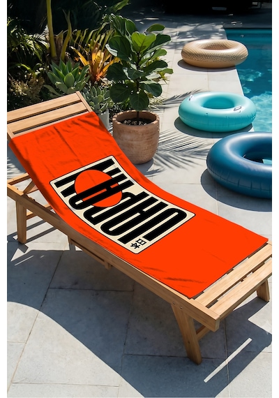 Turuncu Grafik Güneş Plaj Havlusu - Retro Japon Esintili Minimalist Hızlı Kuruyan Mikrofiber Havlu Mat Defne
