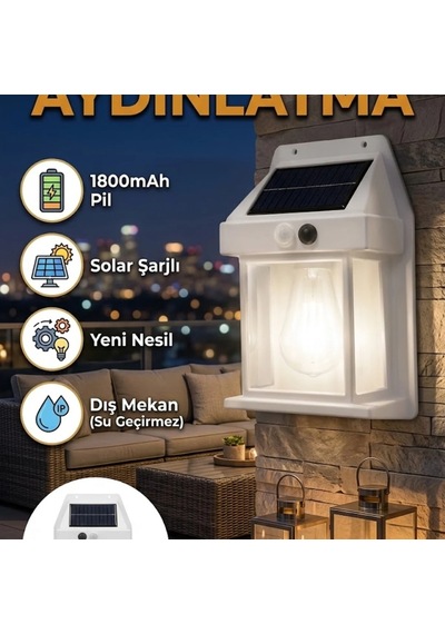 1800 Mah Solar Duvar Lambası Hareket Sensörlü Otomatik Aydınlatma