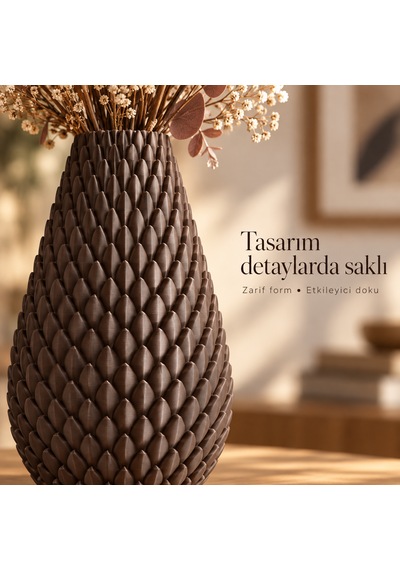 Kabartma Desenli Dekoratif Vazo 20 Cm Modern Tasarım Kahverengi