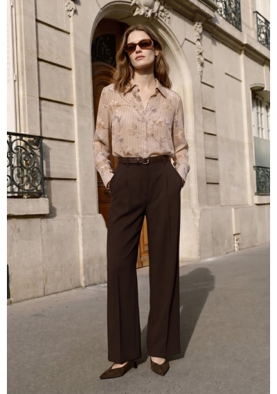 Sateen Çizgi Ve Çiçek Desenli Gömlek - Kahve-137458