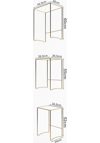 Retro 3 Lü Zigon Füme Camlı Gold Sehpa, Metal Sehpa, Salon, Yatak Odası, Antre Altın