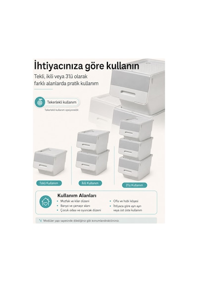 3 Katlı Tekerlekli Kapaklı Saklama Kutusu, Eşya Ve Erzak Organizer 3x12 Litre Gri Gri Gri