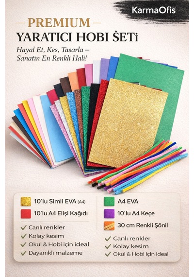 Yaratıcı Hobi Seti A4 Simli Eva, Eva, Keçe, Elişi Kağıdı, Şönil Okul & Etkinlik Seti
