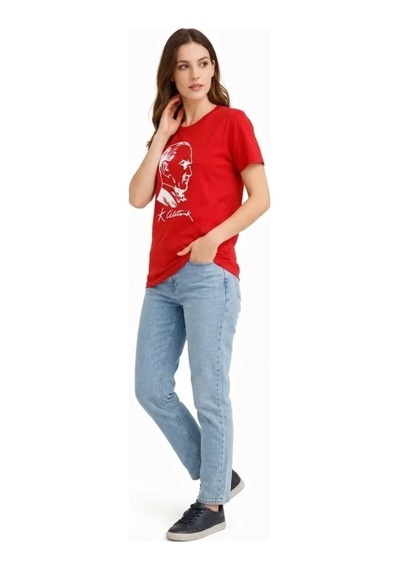 Hazego Atatürk Baskılı Tişört Kısa Kollu Bisiklet Yaka T-shirt - Kırmızı