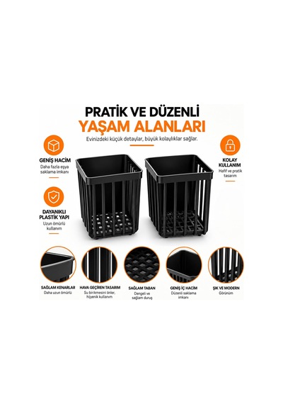 2 Adet Duvara Yapışkanlı Mini Sepet Organizer Diş Fırçası Tarak Kalemlik Çok Amaçlı Banyo Mutfak Ofis Düzenleyici Sepet 8,5 X 8,5 X 11 Cm Siyah