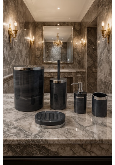 Makri Home Banyo Seti 5'li, Yuvarlak, Akrilik- Çöpkovası, Wcfırçalık,sıvı Sabunluk,diş Fırçalık,katı Sabunluk Gri