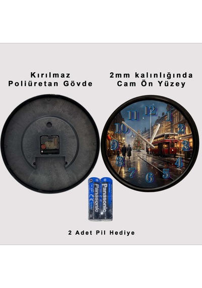 Nostaljik Tramvay Ve Yılbaşı Şehri Tasarımlı Dekoratif Duvar Saati 28 Cm Sessiz Mekanizma Çok Renkli