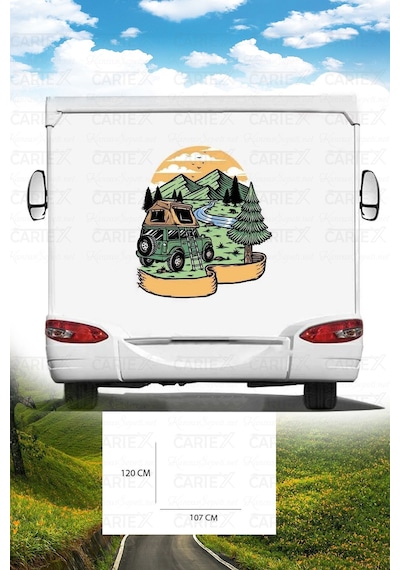 Karavan Kamp Baskı Sticker - Ağaç Sticker - Dağ Sticker - 107x120 Cm