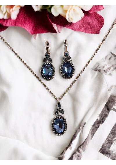Kristal Taşlı Oval Kesim Kolye Ve Küpe Seti Gri