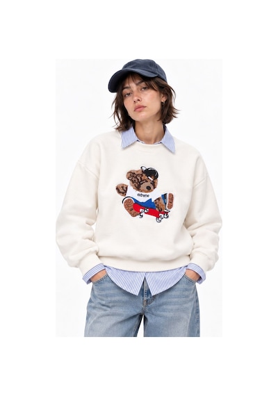 Hiccup İşlemeli Yuvarlak Yaka Uzun Kollu Sweatshirt Beyaz