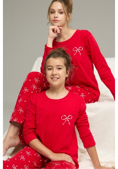 Siyah İnci Pamuklu Bisiklet Yaka Örme Pijama Takım25241155 Kırmızı
