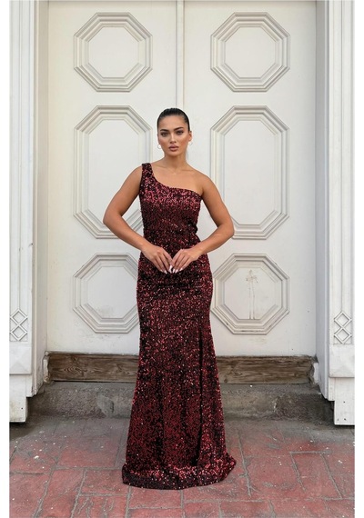 DefyModa Kadın Kadife Kumaş Asimetrik Yaka Payetli Abiye Elbise Kırmızı