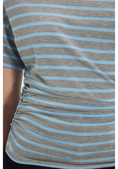 Tudors Kadın Regular Fit Klasik Kesim Asimetrik Yaka Yarasa Kol Çizgili Likralı Mavi Viskon Crop Bluz-52830