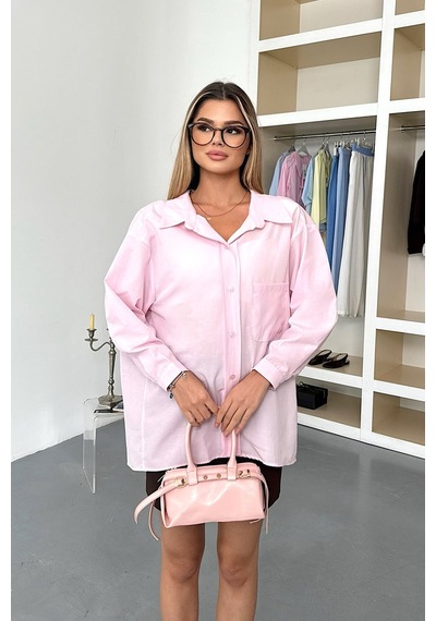Jee Lee Kadın Uzun Kollu Tek Cepli Salaş Gömlek Pembe - 26y 2131 Pembe