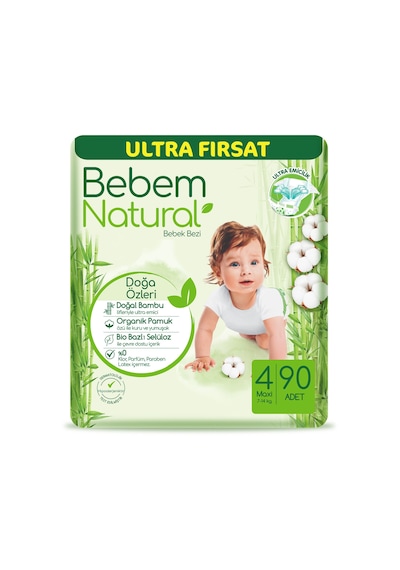 Bebem Natural Bebek Bezi 4 Numara Maxi Ultra Fırsat Paketi 90 Adet