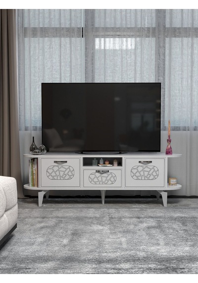 Tv Sehpası Mira Gümüş 5033 Beyaz 160 Cm 35 Cm 50 Cm Metalik