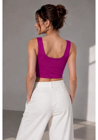 Bb Butik Basic Soft Touch Kare Yaka Crop Bluz Md3549 Fuşya