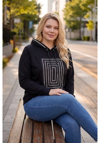Aytemas Önü Ve Kapüşonu Taşlı Sweatshirt Siyah