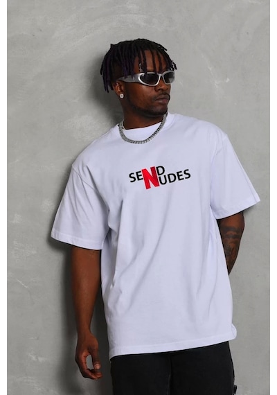 Unisex Bisiklet Yaka Double Oversize Baskılı T-shirt - Beyaz