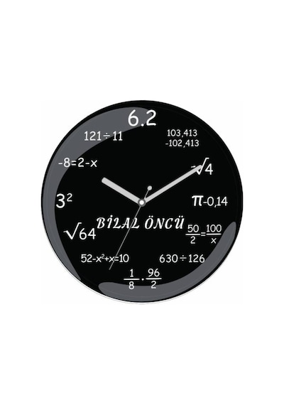 Kişiye Özel Matematik Bombeli Gerçek Cam Sessiz Duvar Saati Beyaz - Siyah