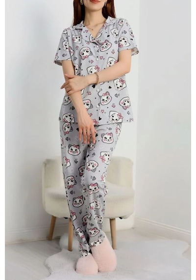 Seka Store Seka Baskılı Düğmeli Pijama Takım Gri - 50776.1773. Çok Renkli